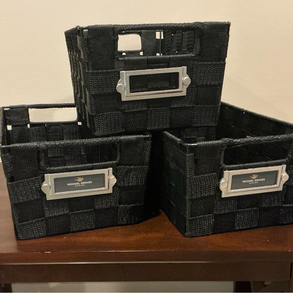 3 Black Weave Storage Organizing Baskets